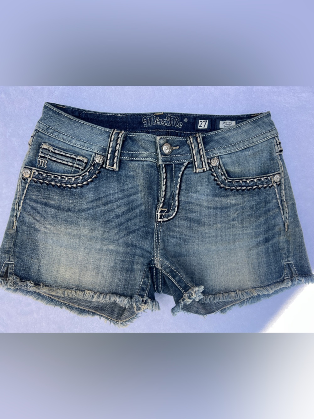 Miss Me Distressed Embroidered Denim Cutoff Shorts - Light Blue Wash